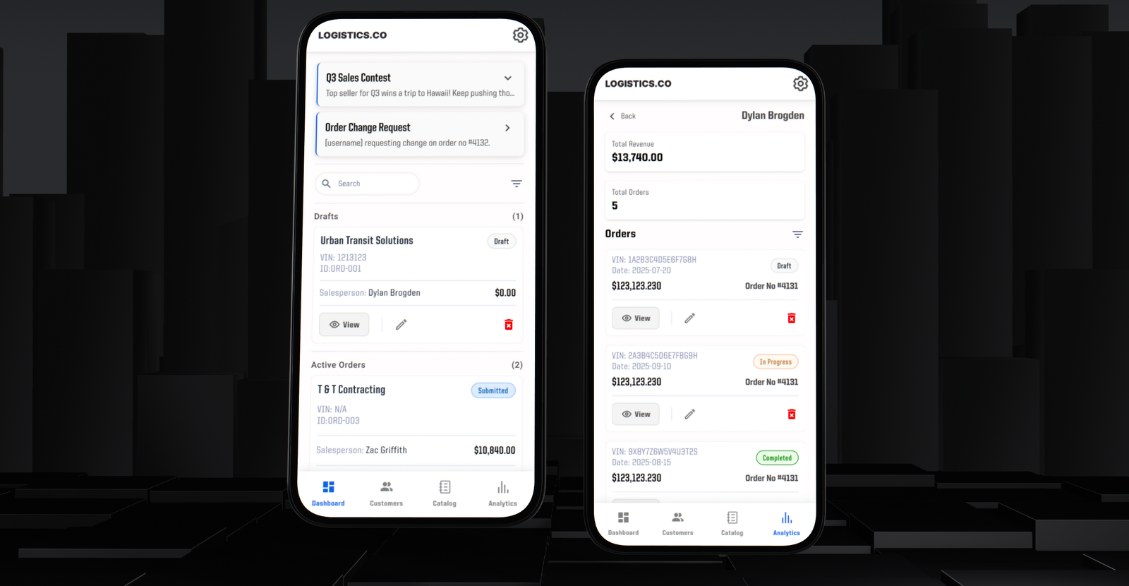 Mobile interface of the Logistics platform showing the main dashboard with order drafts, active orders, and team alerts. & analytics screens displaying high-level company revenue and a detailed breakdown of individual salesperson performance and their active orders.