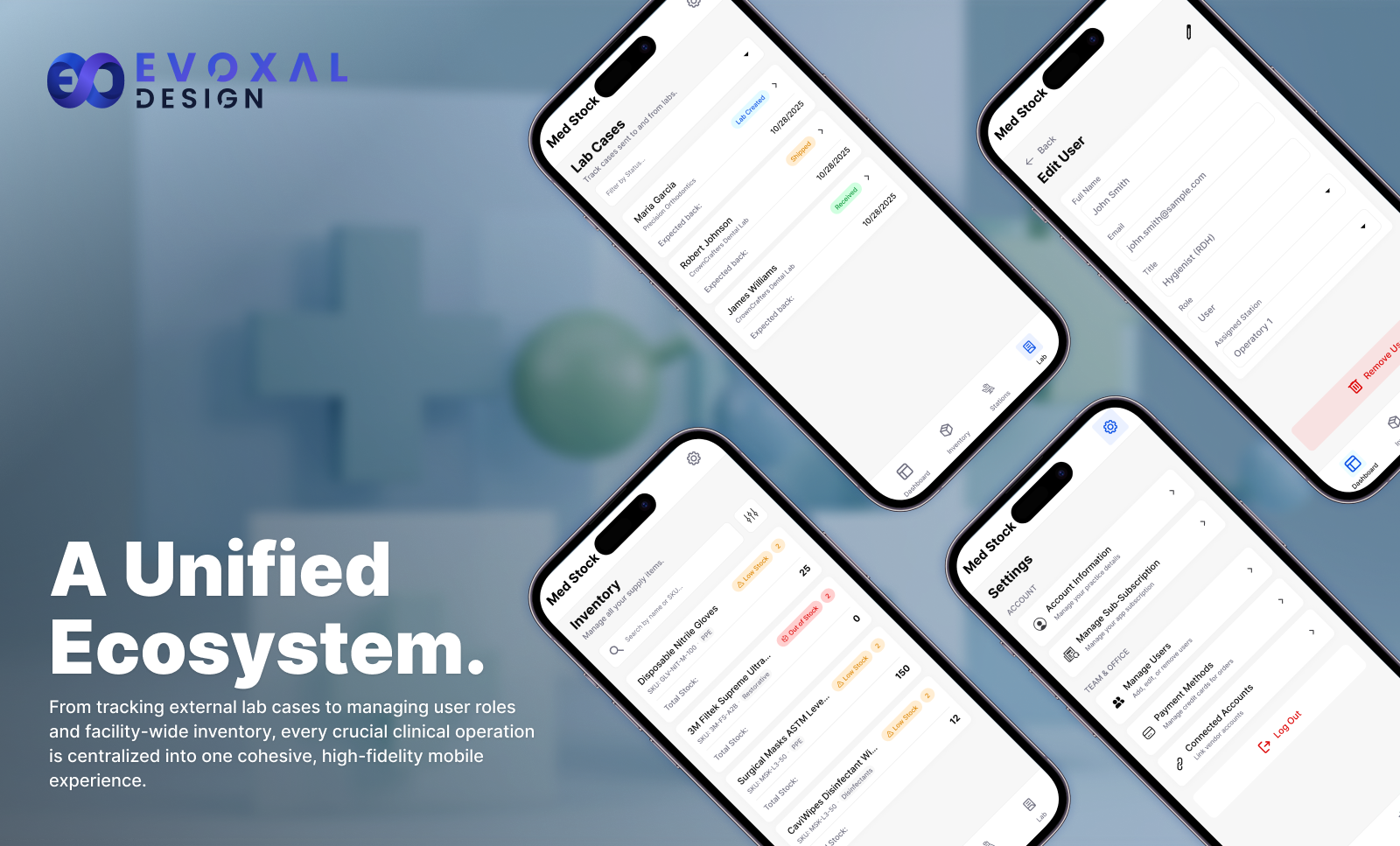 Four floating mobile screens illustrating the comprehensive MedStock app ecosystem, featuring the main inventory list, external lab case tracking, system settings, and user management profiles.