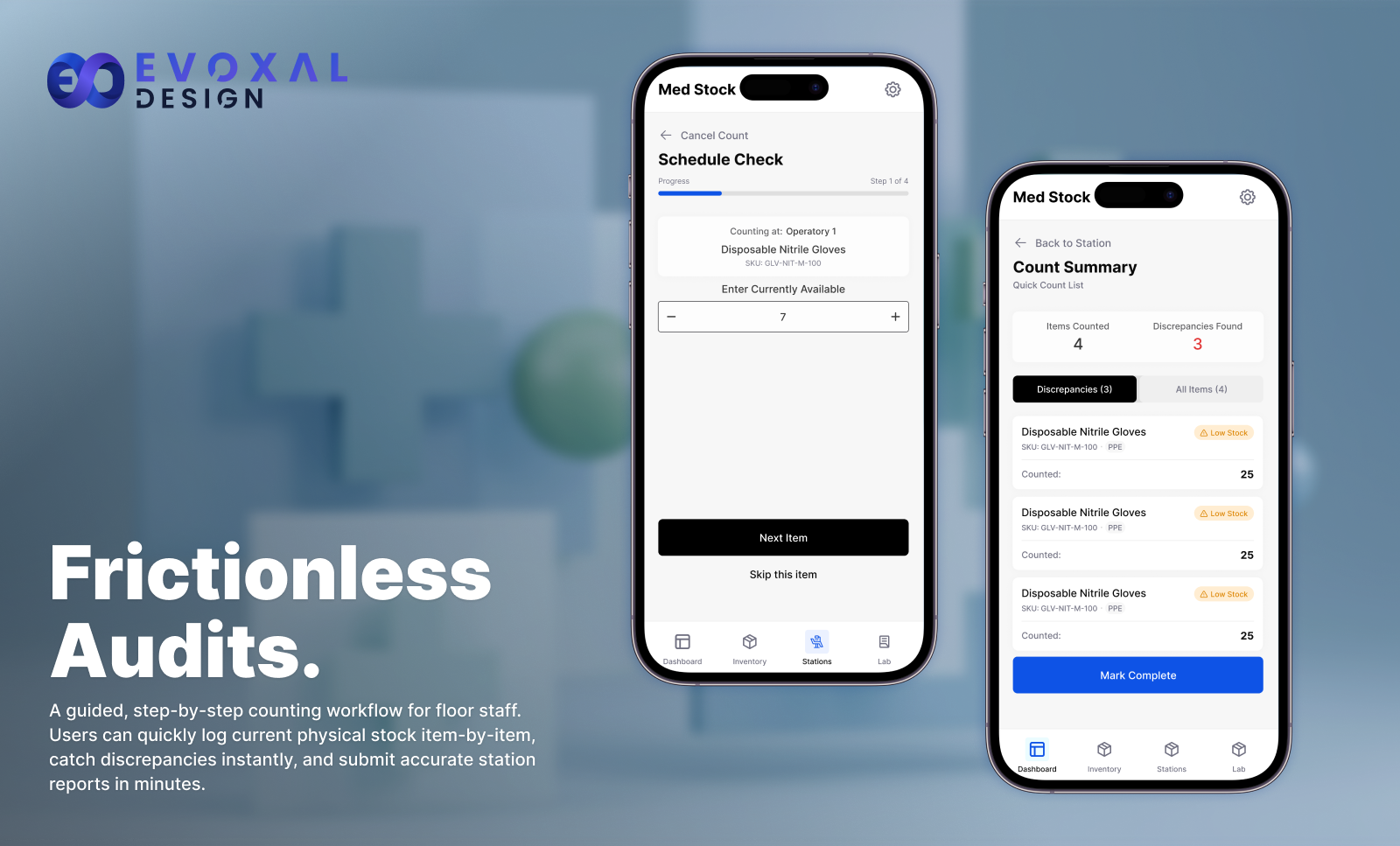 Two mobile screens showcasing the 'Frictionless Audits' workflow, featuring a step-by-step physical stock counting interface and a final discrepancy report summary.