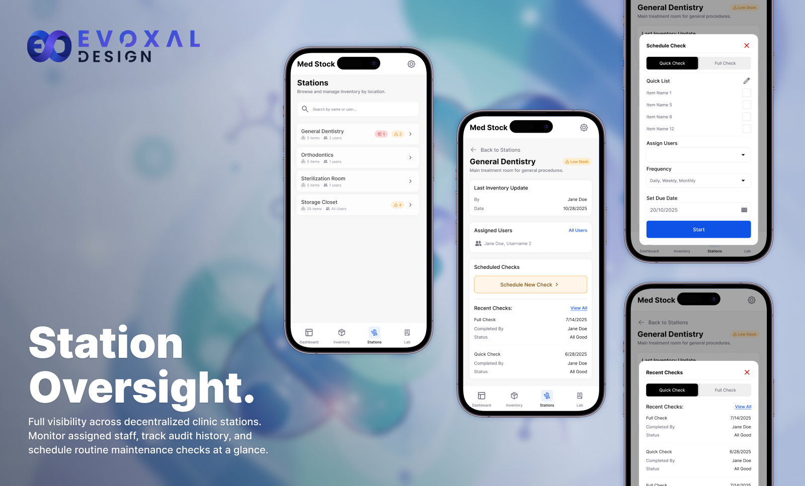 Three mobile app screens displaying the 'Station Oversight' feature, showing a list of clinic rooms, assigned staff, recent audit statuses, and a scheduling tool for new inventory checks.